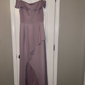 XSCAPE full-length off the shoulder formal dress, mauve color